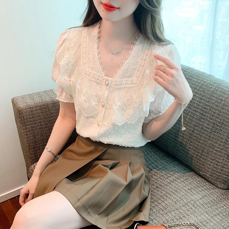 Womens Blouses Fashion Summer Korean White Lace Shirt For Women High Quality Temperament Tops