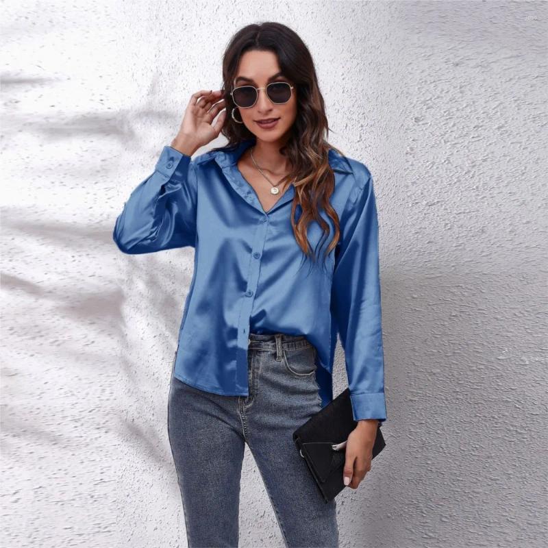 Womens Blouses Satin Long Sleeved Shirt Autumn Lapel Single Breasted Solid Color Loose Fitting Cardigan Blouse Tops Femme Blusas