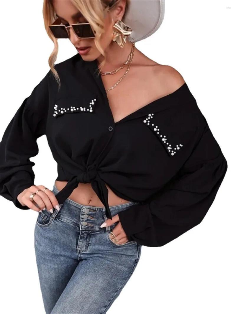 Womens Blouses CHYXSB 2024 Single Breasted Ladies Fashion Street Girl Style Women Short Shirt Long Sleeve Lapel Pure Color Lady