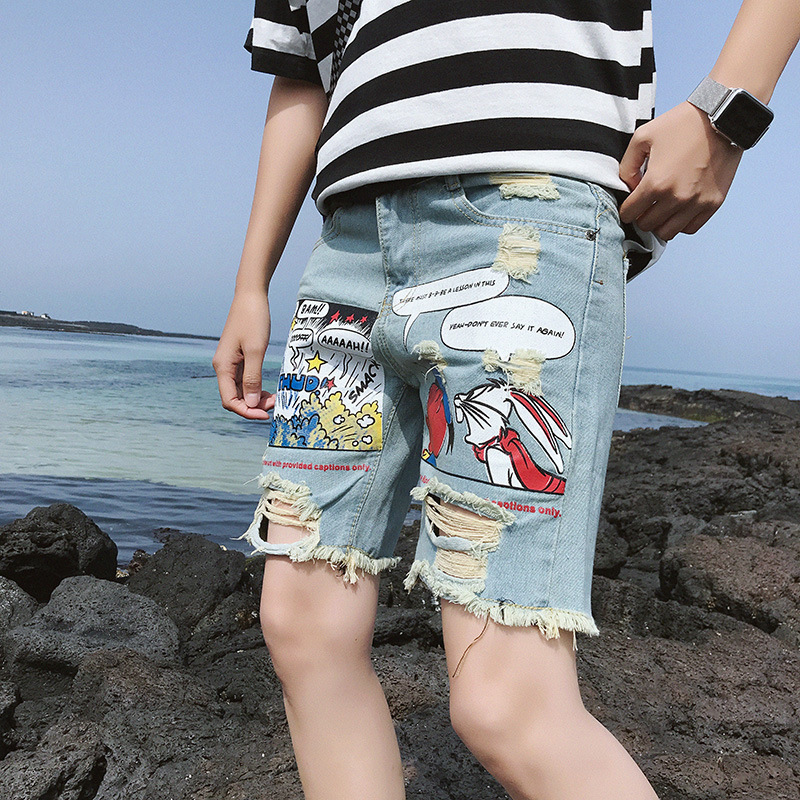 Supzoom Arrival Fashion Animation Cartoon Print Light Ulzzang Summer Zipper Fly Stoashed Jeans Shorts Men 220711