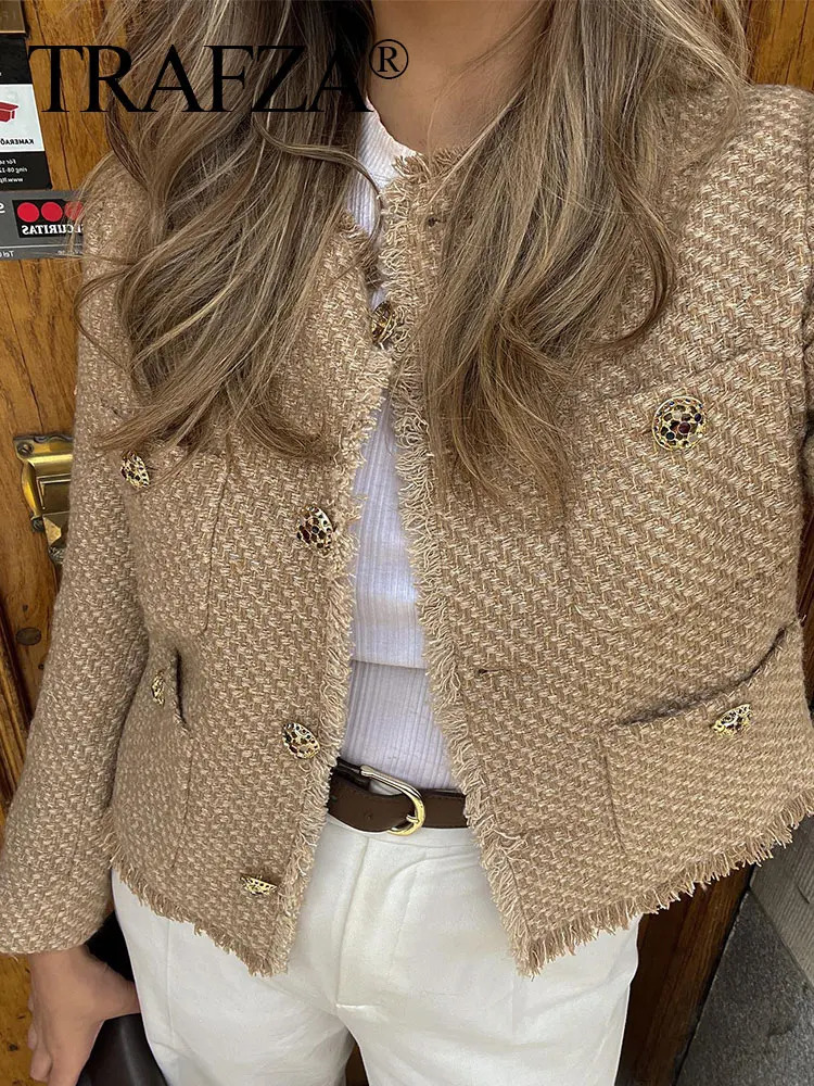 Womens Jackets TRAFZA Autumn Button Short Coats Camel Tweed Jacket Women Frayed Cropped Woman Fashion Long Sleeve Elegant Jacke 231212