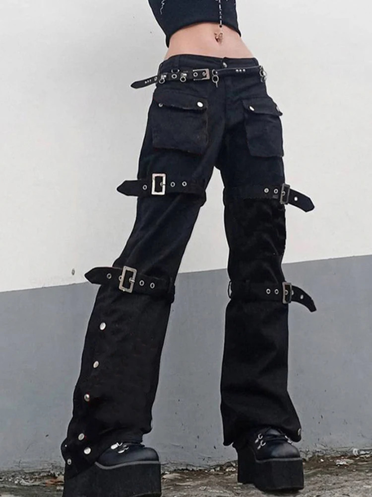 Women's Pants Capris Eyelet Buckle Cyber Punk Goth Baggy Jeans Y2K Woman Techwear Dark Academic Solid E Girl Cargo Pants Denim Gothic Hippie Trou
