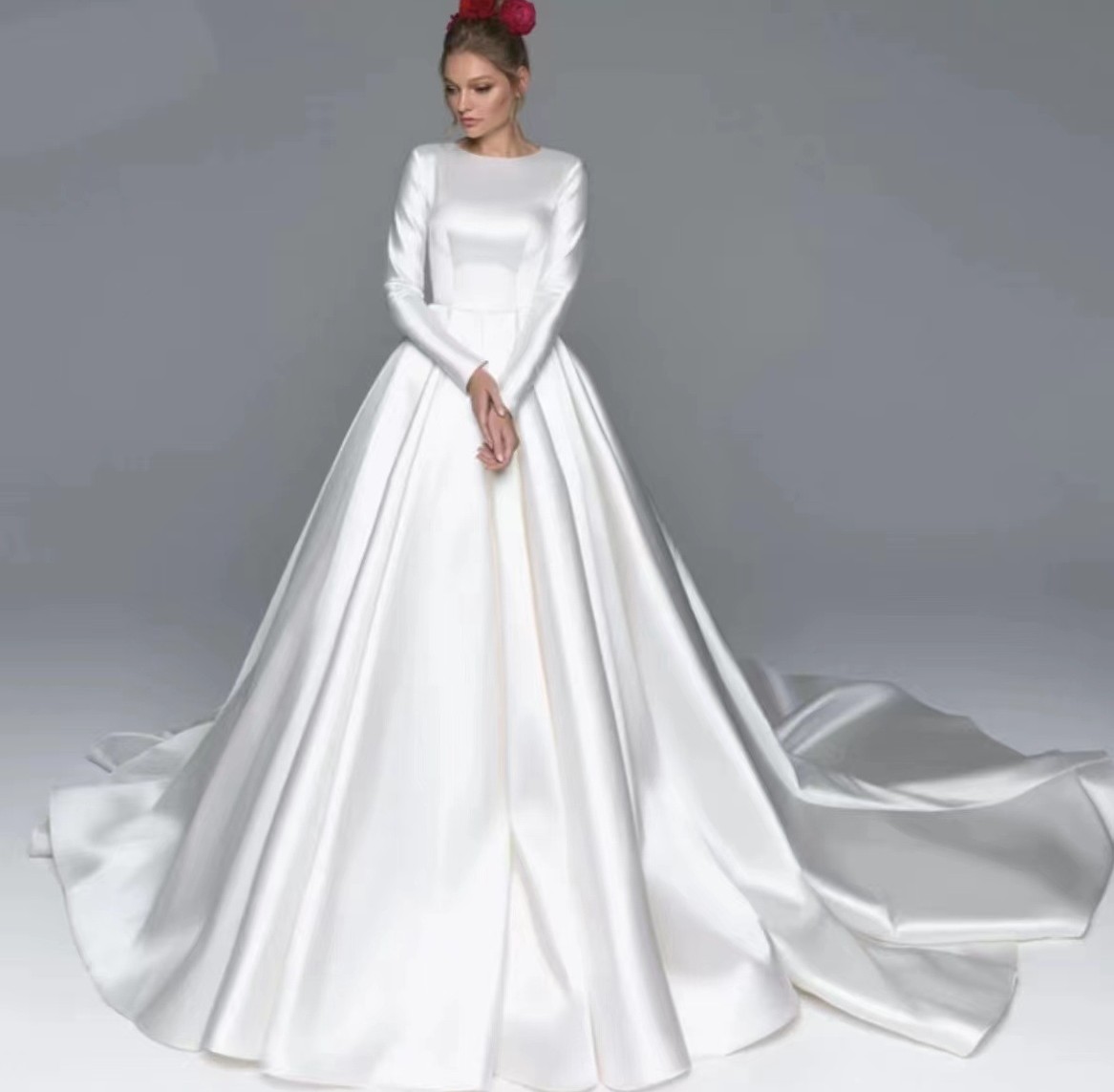 2024 Vintage Wedding Dress Sheer O-neck Long Sleeves Satin A-line Bridal Party Gown Custom Made For Woman Vestido De Noiva