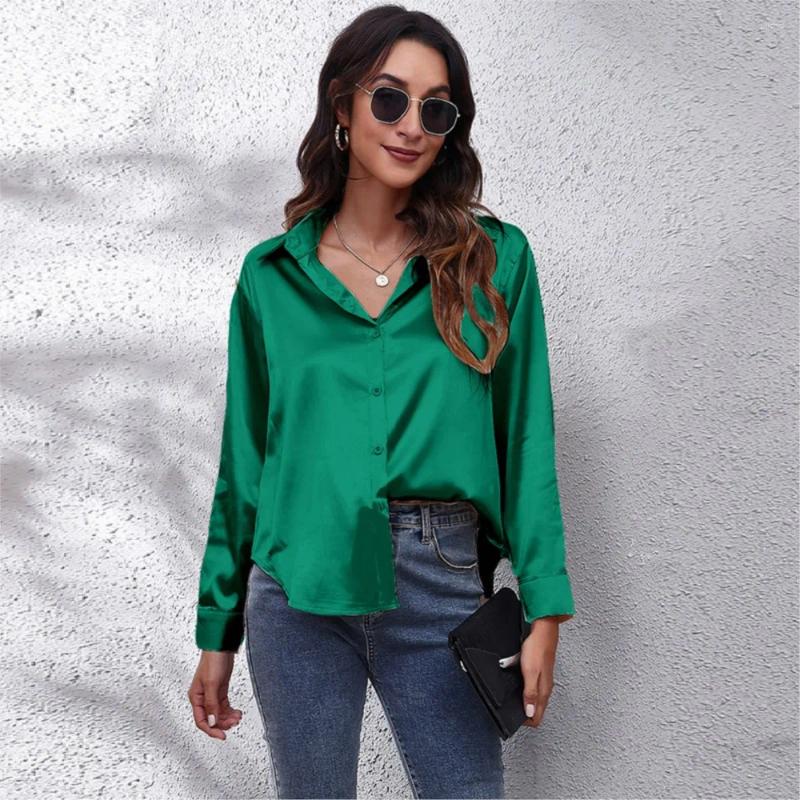 Womens Blouses Satin Long Sleeved Shirt Autumn Lapel Single Breasted Solid Color Loose Fitting Cardigan Blouse Tops Femme Blusas