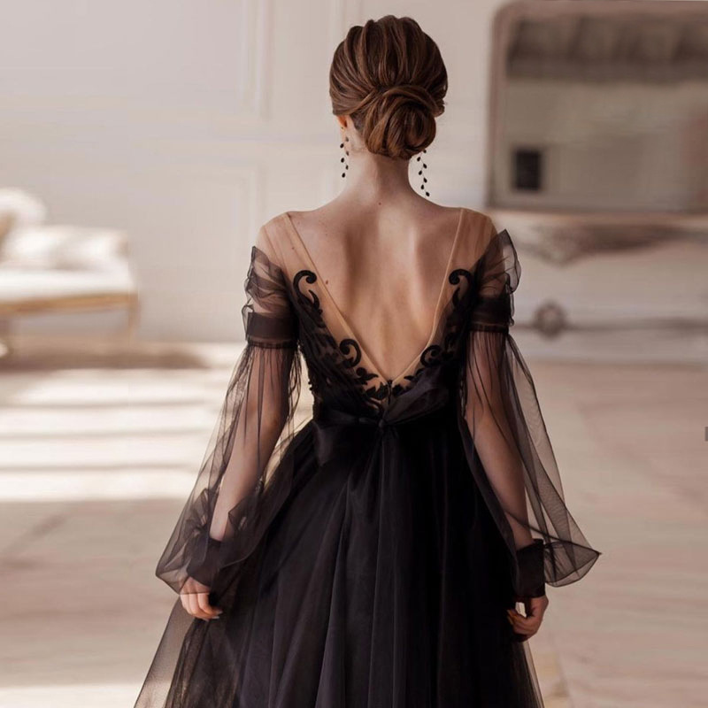 2024 Modern A-line Black Evening Dress Off the Shoulder Lace Appliques Puffy Sleeves Tulle Formal Prom Party Gowns Tea Length Robe De Soriee