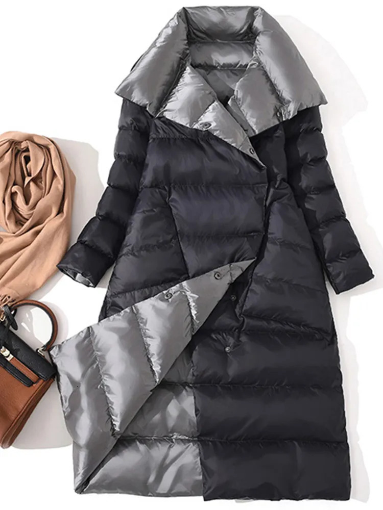 Women's Down Parkas Fitaylor Women Double Sided Down Long Jacket Winter Turtleneck White Duck Down Coat Double Breasted Warm Parkas Snow Outwear 