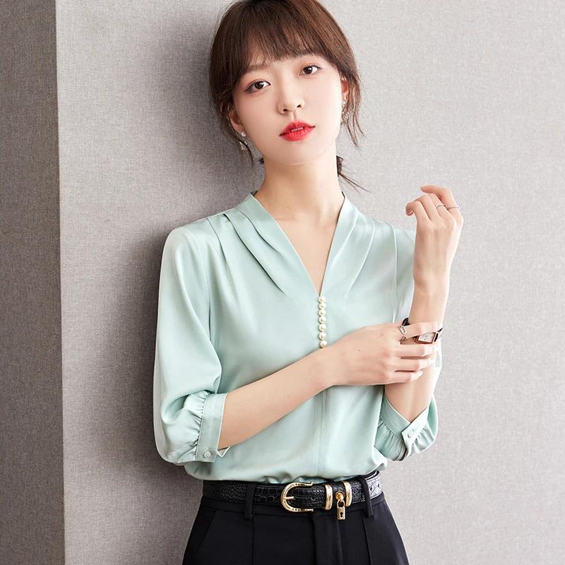 Womens Blouses Korean Short Sleeved V-neck Shirts Summer Thin Solid Color Versatile Fashion Casual Tops Women Shirt