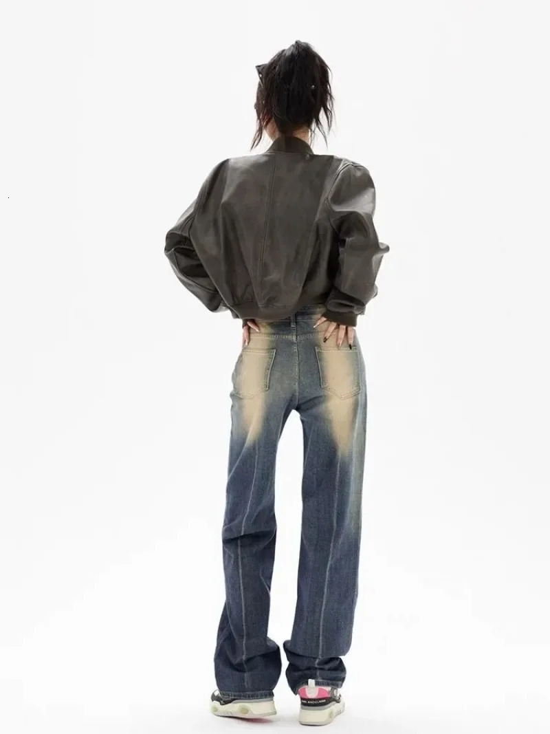 Womens Jackets Deeptown Vintage Cropped Leather Rider Jacket Women Bomber Moto Biker Zipper Grunge Y2k Fashion Streetwear Autumn Winter 231212