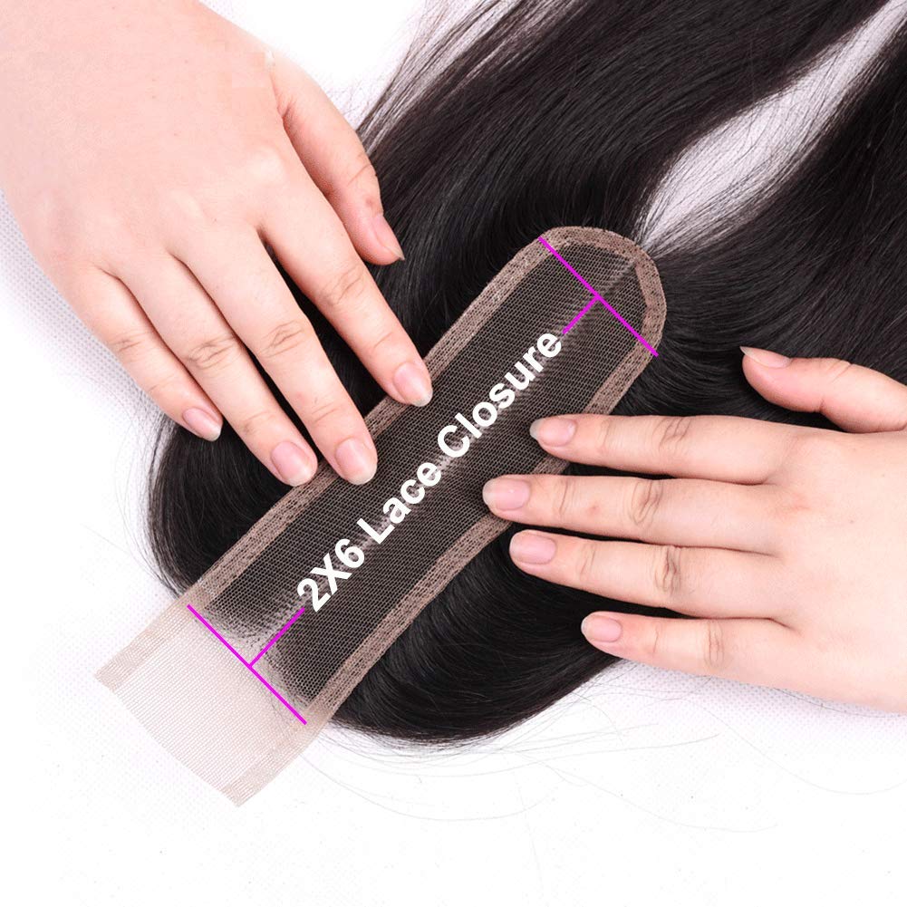 Brazilian 2x6 Lace Closure Straight 100% Human Hair Deep Middle Part Straight Transparent Lace Closure Remy Hair Kim K Closure with Baby Hair Natural 
