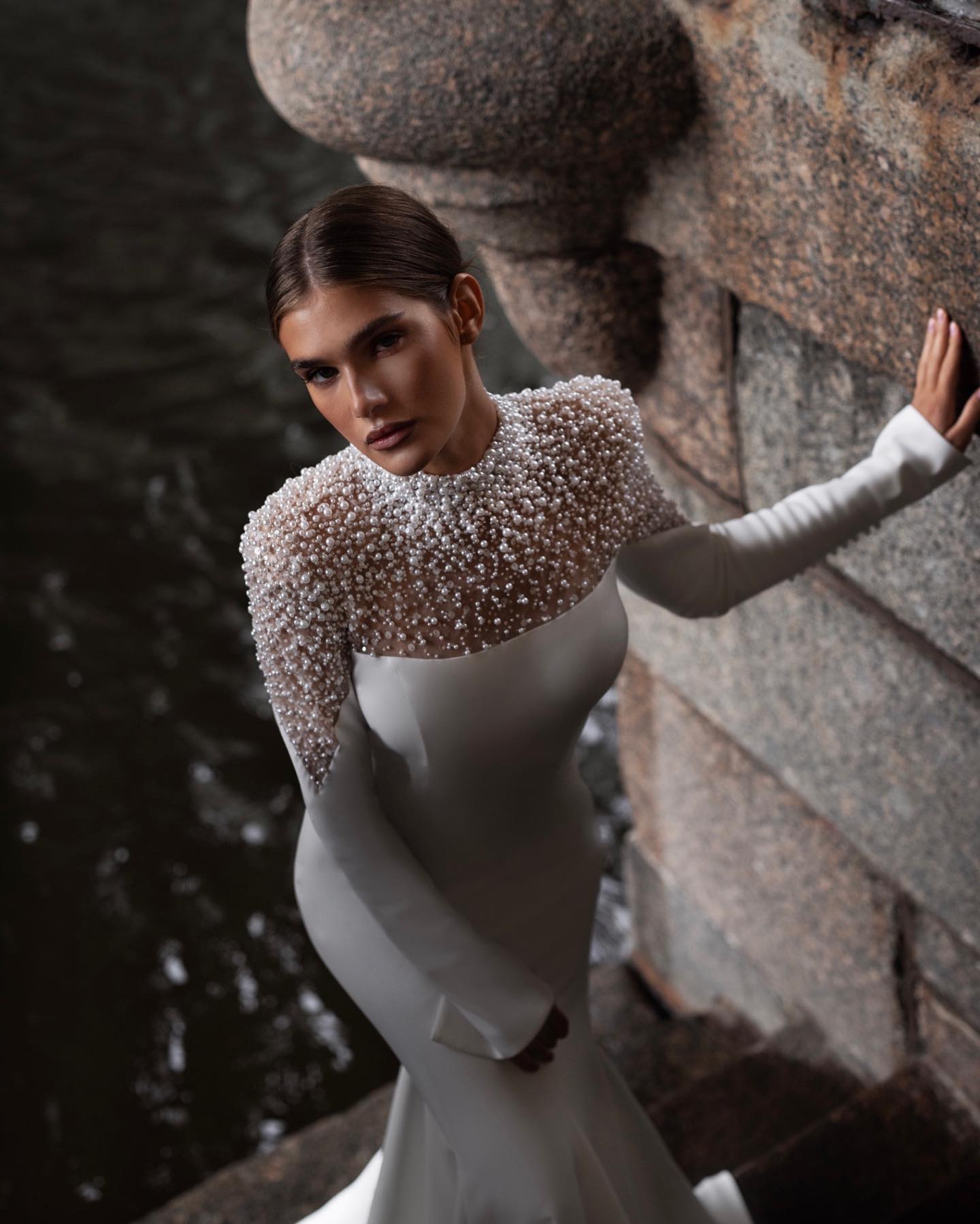 Gorgeous Pears Sequin Mermaid Wedding Dresses High Neck Long Sleeve Castle Bridal Gown Splice Satin Vestidos De Novia