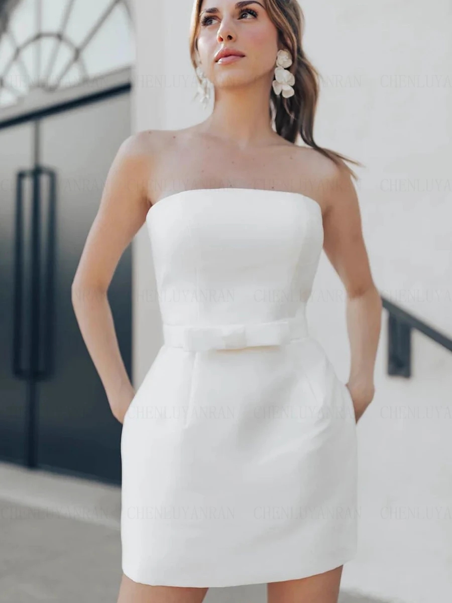 Satin Little White Wedding Dress 2024 Back Bow Mini Bride Dresses Strapless Sexy Bridal Party Gowns Women Robe De Mariee Vestido De Noiva