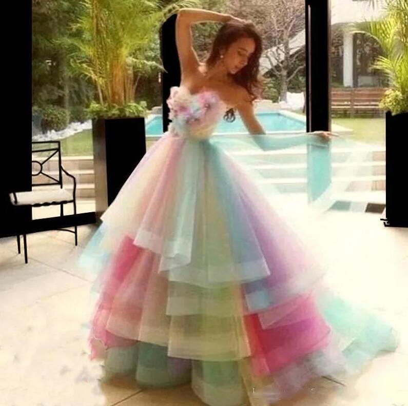 Rainbow Colorful Puffy wedding dresses Sweetheart Hand Made Flowers Appliqued tiered skirt garden bridal gown