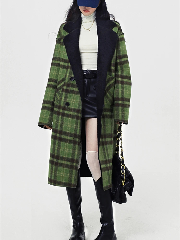 Women's Wool Blends Women's Front Back Can Be Worn Green check pattern Woolen Coat Autumn Winter British Style Female Loose Suit Collar Long