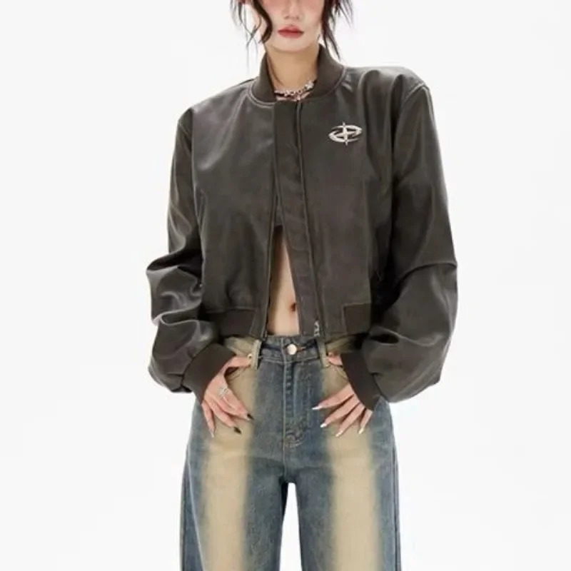 Womens Jackets Deeptown Vintage Cropped Leather Rider Jacket Women Bomber Moto Biker Zipper Grunge Y2k Fashion Streetwear Autumn Winter 231212