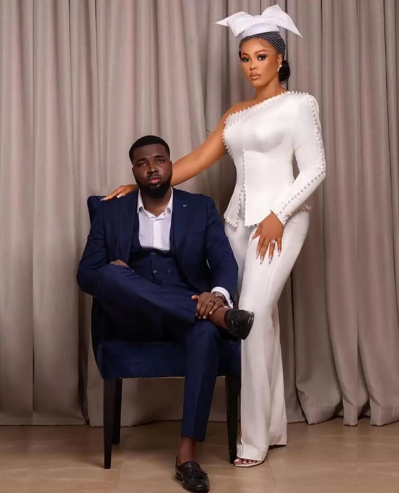 ne Shoulder Bride Wedding Gown Pants Suit Ivory Slim Fit Modern Outfit Formal Reception Wear For Women Pearls Beading Bridal Dresses