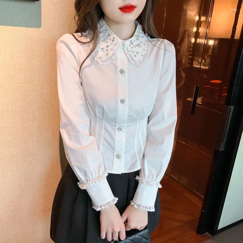 Womens Blouses Diamonds Shirts For Spring Autumn Long Sleeve White Tops Blusas Mujer De Moda 2024