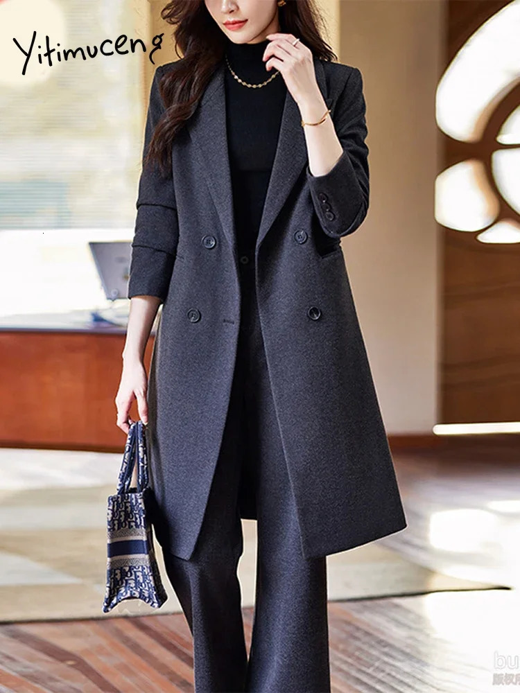 Women's Two Piece Pants Yitimuceng Women Suits Office Sets 2023 Fashion Turn Down Collar Double Breasted Long Sleeve Blazer Casual Wide Leg Pant 