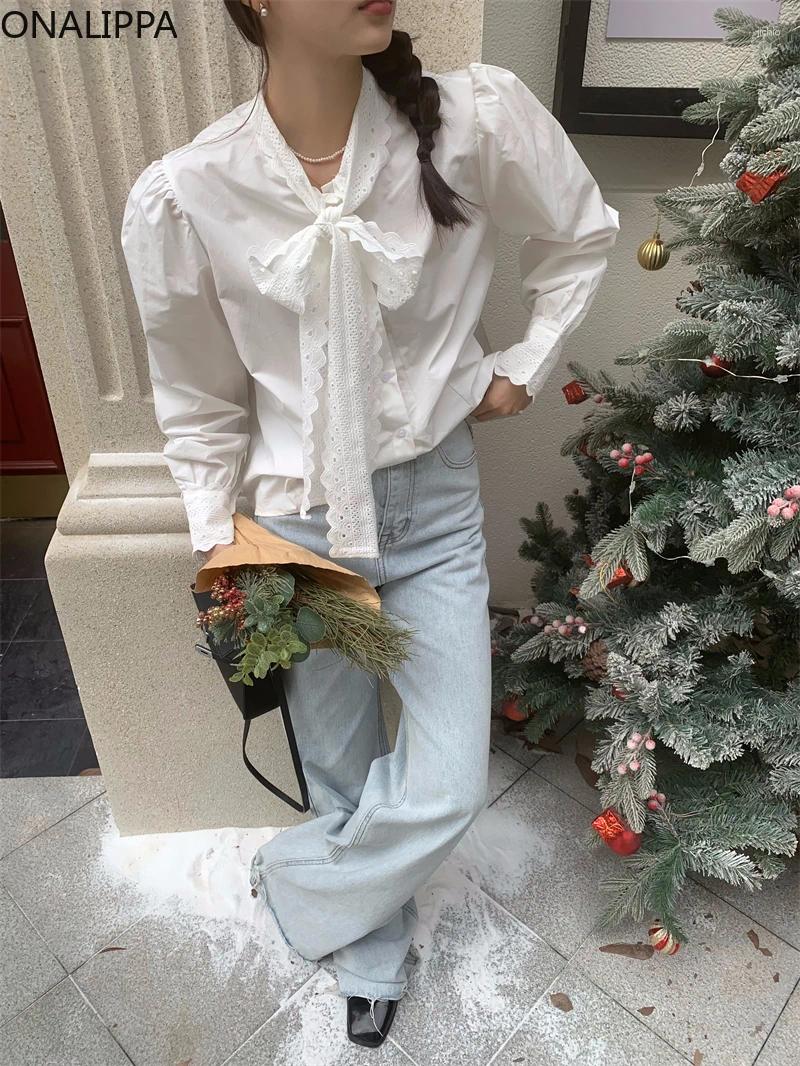 Womens Blouses Onalippa Lace Up Bow Womens Tops Solid Color All Match Single Breasted Shirts Korean Chic Gentle Wind Puff Long Sleeves
