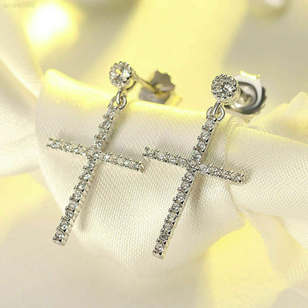 Caoshi Punk Men Cubic Zirconia Dangle Earring Women Charm Cross Brass Earrings Hip Hop Imitate Moissanite Drop Earrings
