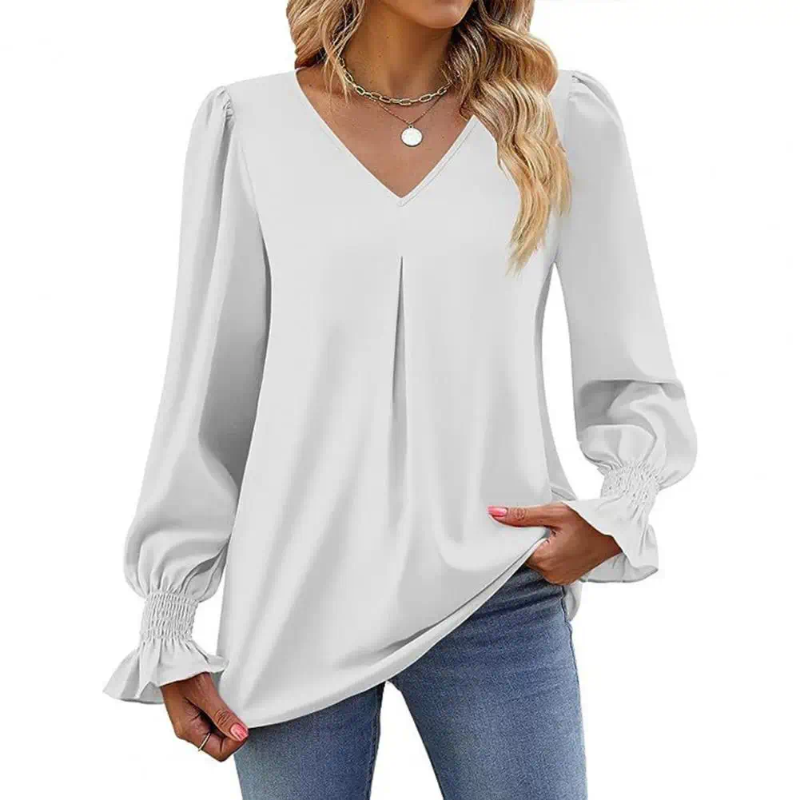 Womens Blouses Women Fall Spring Top V Neck Long Bubble Sleeve Shirt Stylish Solid Color Shirring Ruffle Pullover Soft Commute Lady Blouse