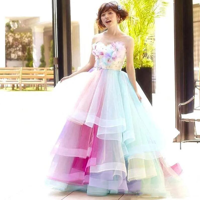 Rainbow Colorful Puffy wedding dresses Sweetheart Hand Made Flowers Appliqued tiered skirt garden bridal gown