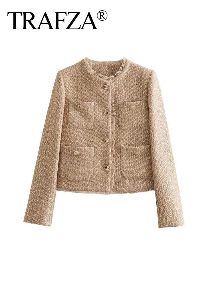 Womens Jackets TRAFZA Autumn Button Short Coats Camel Tweed Jacket Women Frayed Cropped Woman Fashion Long Sleeve Elegant Jacke 231212