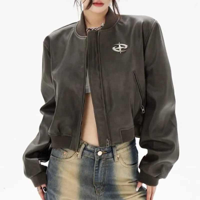 Womens Jackets Deeptown Vintage Cropped Leather Rider Jacket Women Bomber Moto Biker Zipper Grunge Y2k Fashion Streetwear Autumn Winter 231212