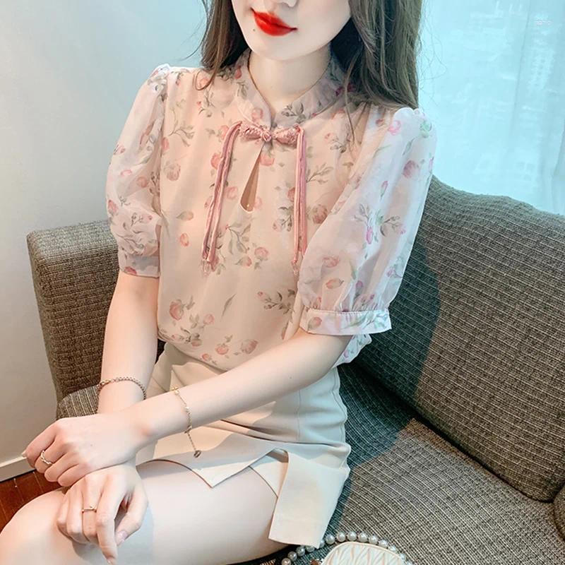 Womens Blouses Summer Chinese Buckle Print Chiffon Shirt Style Women Tops