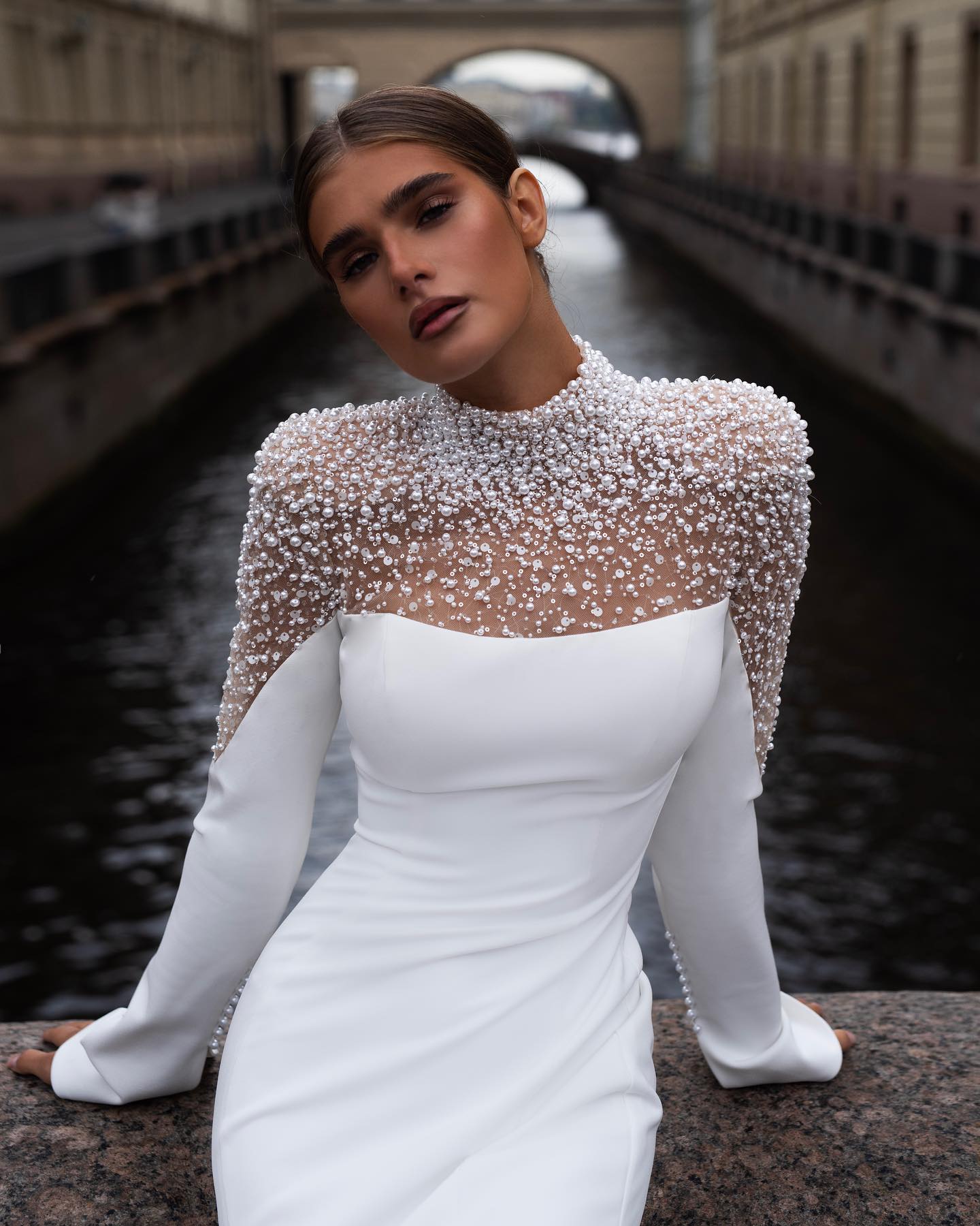 Gorgeous Pears Sequin Mermaid Wedding Dresses High Neck Long Sleeve Castle Bridal Gown Splice Satin Vestidos De Novia