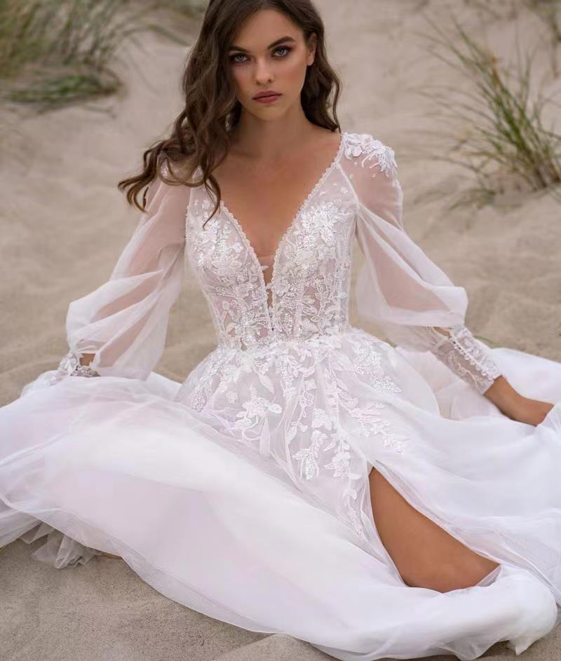 2024 Summer Boho Wedding Dress V-neck Backless Lace Appliques A-line Tulle Bridal Party Gown Custom Made For Woman Vestido De Noiva Robe Mariage