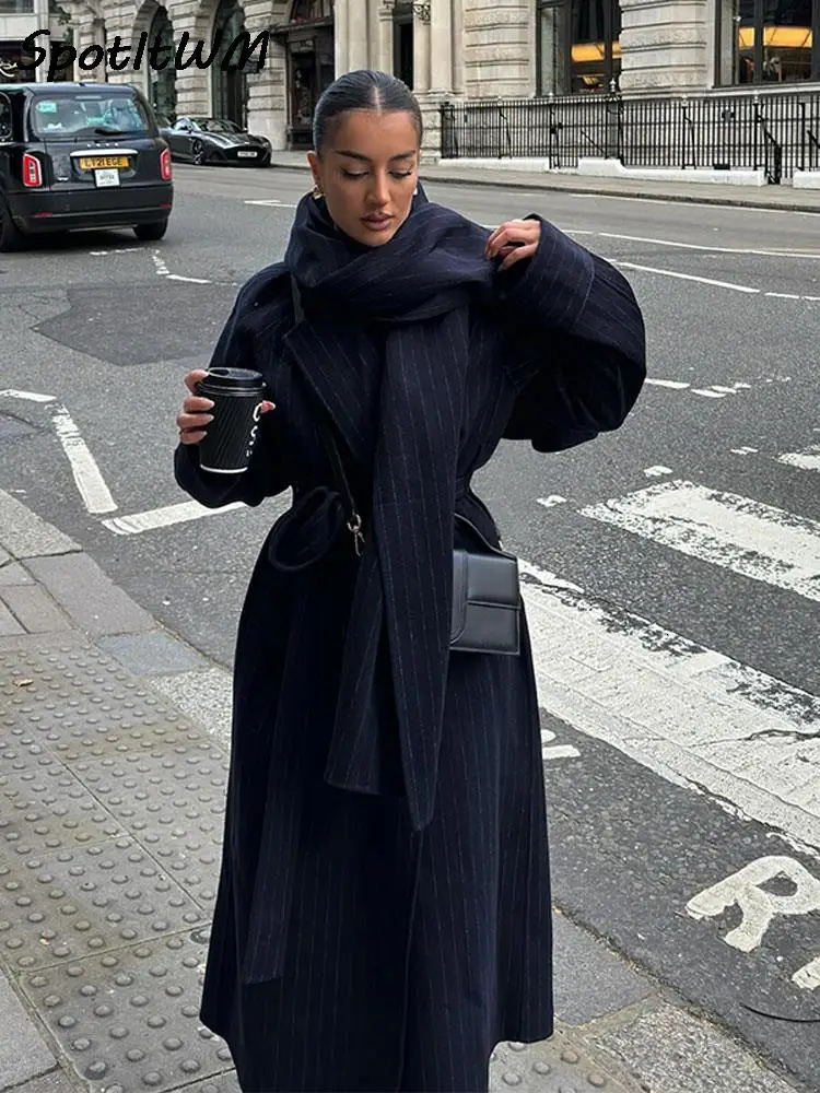 Women's Wool Blends Wool Blends Lace Up Overcoat Women Scarf Collar Oversized Loose Warm Thicken Coat 2024 Winter Fashion Office Lady Tops Outwea