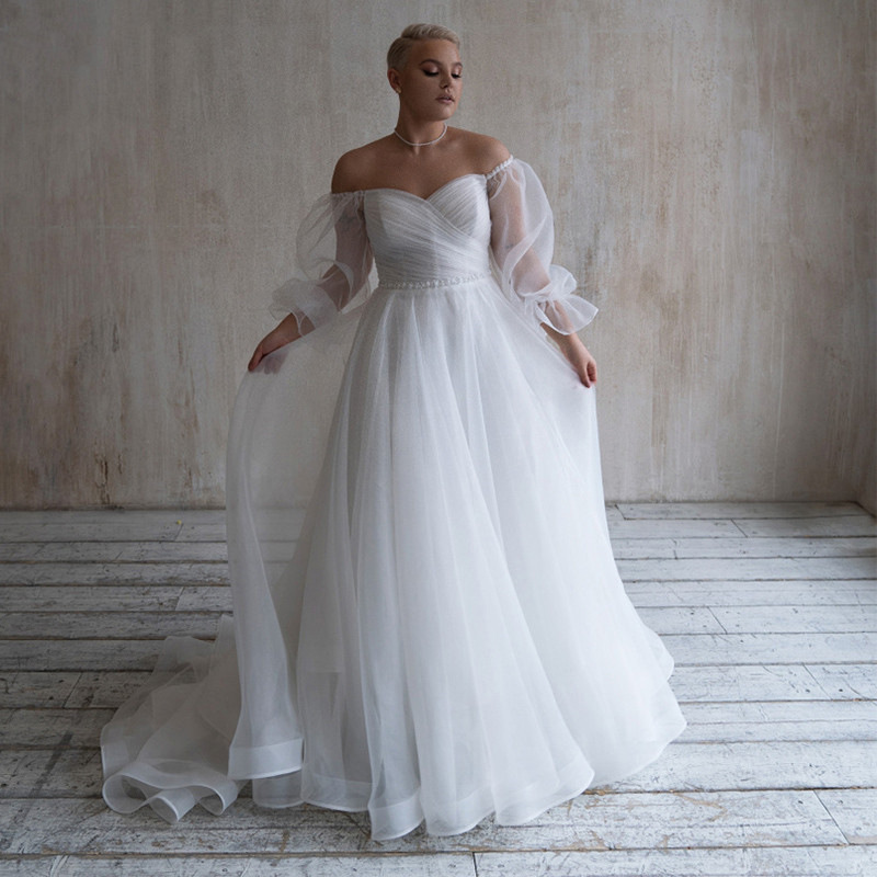 Plus Size New Wedding Dress 2024 Off the Shoulder Pleats Beads Sash Organza A-line Bridal Party Gowns Women Robe De Mariee Vestido De Noiva