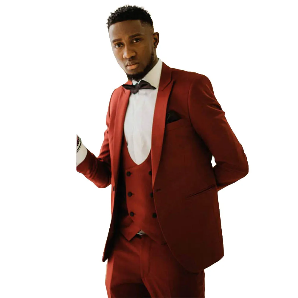 Modern Dark Red Groom Wedding Tuxedos Slim Fit Mens Suits Three Pieces Prom Party Blazer Groomsmen Wedding Party Formal Wear Jacket Vest Pants
