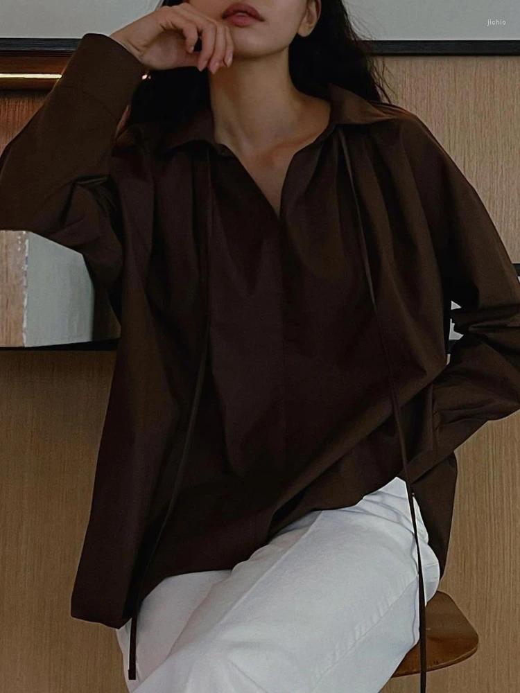 Womens Blouses Korobov Korean Chic Shirts Autumn French Niche Stand Collar Lapel Two Wear Design Tie Bow Loose Long-sleeved Women Shirt