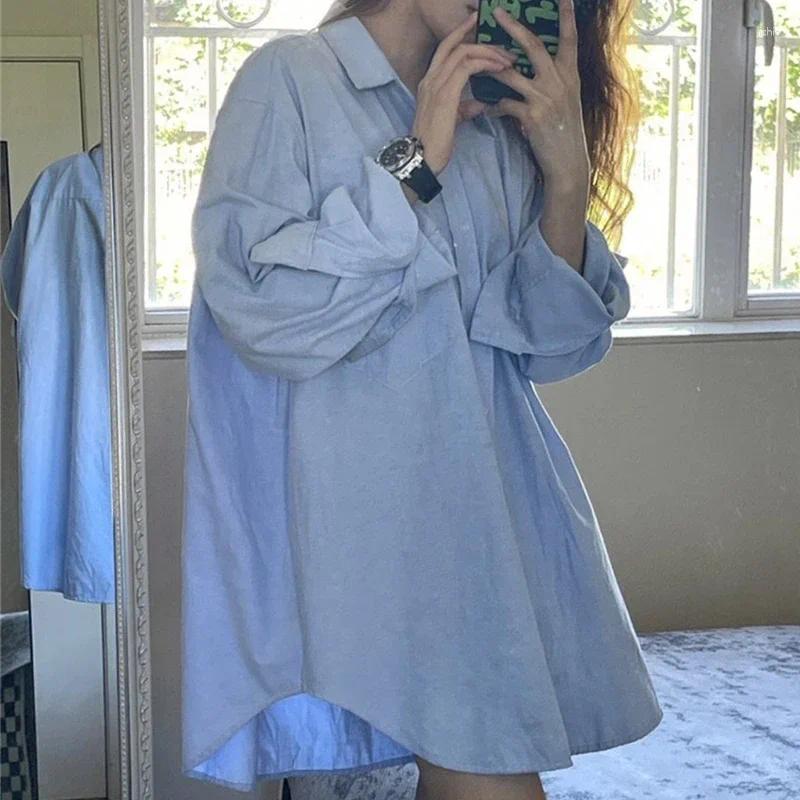 Womens Blouses Autumn Buttons Blue Cotton Blouse Women Fashion Long Sleeve Loose Casual Shirt Office Lady Elegant Solid Tops Blusas 29950