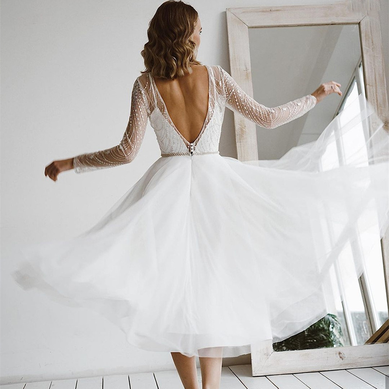 Newest Short Wedding Dress 2024 Scoop Top Beads Sequins Backless Bride Party Gowns Custom Made Plus Size Vestidos De Novias