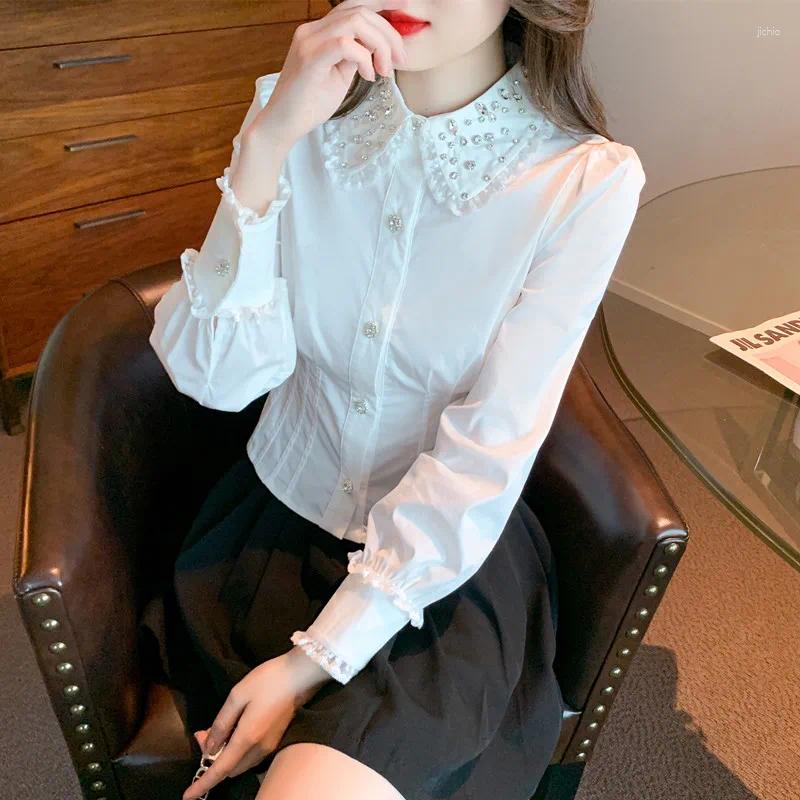 Womens Blouses Diamonds Shirts For Spring Autumn Long Sleeve White Tops Blusas Mujer De Moda 2024