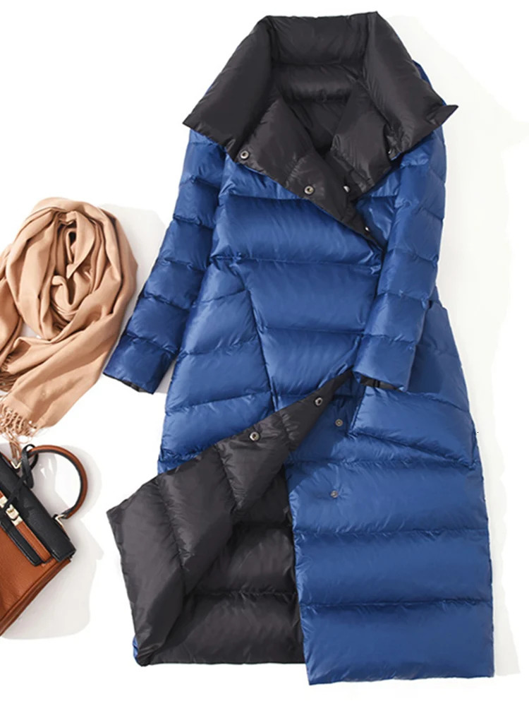 Women's Down Parkas Fitaylor Women Double Sided Down Long Jacket Winter Turtleneck White Duck Down Coat Double Breasted Warm Parkas Snow Outwear 