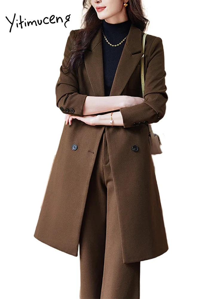Women's Two Piece Pants Yitimuceng Women Suits Office Sets 2023 Fashion Turn Down Collar Double Breasted Long Sleeve Blazer Casual Wide Leg Pant 