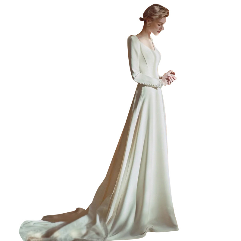 2024 Simple Boho Wedding Dress V-neck Long Sleeves Buttons Soft Satin A-line Bridal Party Gown Custom Made For Woman Vestido De Noiva