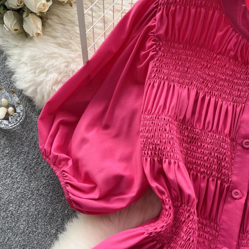 Womens Blouses Women Chic O-neck Puff Sleeve Long Folds Solid Slim Sexy Korean T-shirt Fashion Summer Shirt Three Quarter