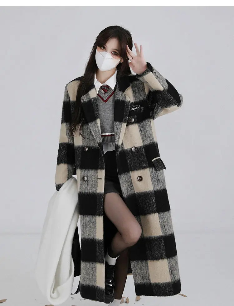 Women's Wool Blends Women Autumn Winter Classical Double Breasted Plaid Long Coat Female Casual Loose Coat Vintage Women's Lapel Overcoat St