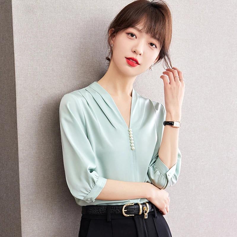 Womens Blouses Korean Short Sleeved V-neck Shirts Summer Thin Solid Color Versatile Fashion Casual Tops Women Shirt