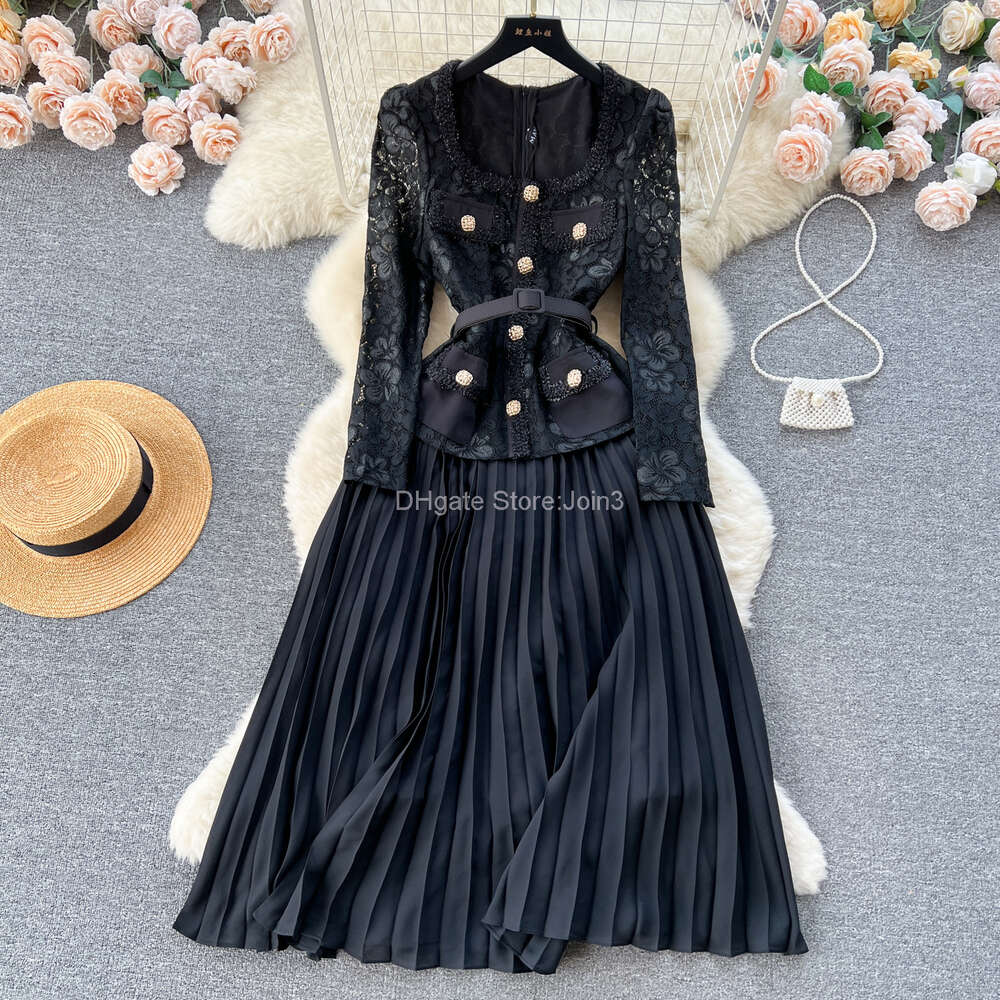 Basic Casual Dresses Luxury Embroidery Hollow Out Lace Dress For Women Autumn Runway Long Sleeve Belt Holiday Party Pleated Vestidos Robes 2024