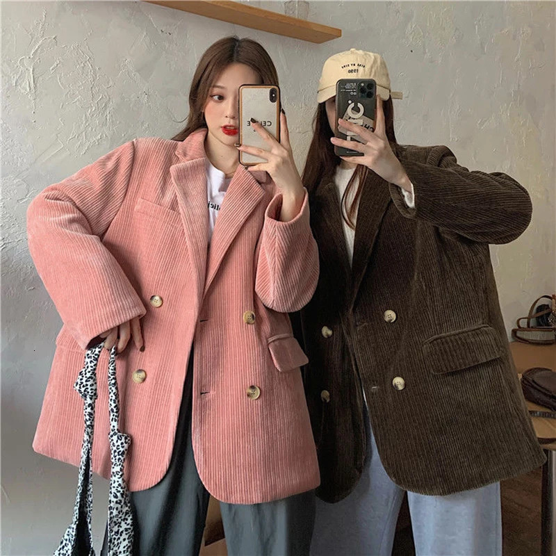 Womens Suits Blazers Autumn Winter Quilted Corduroy Women Fashion Vintage Brown Blazer Female Korean Casual Loose Suit Jacket Chic 231212