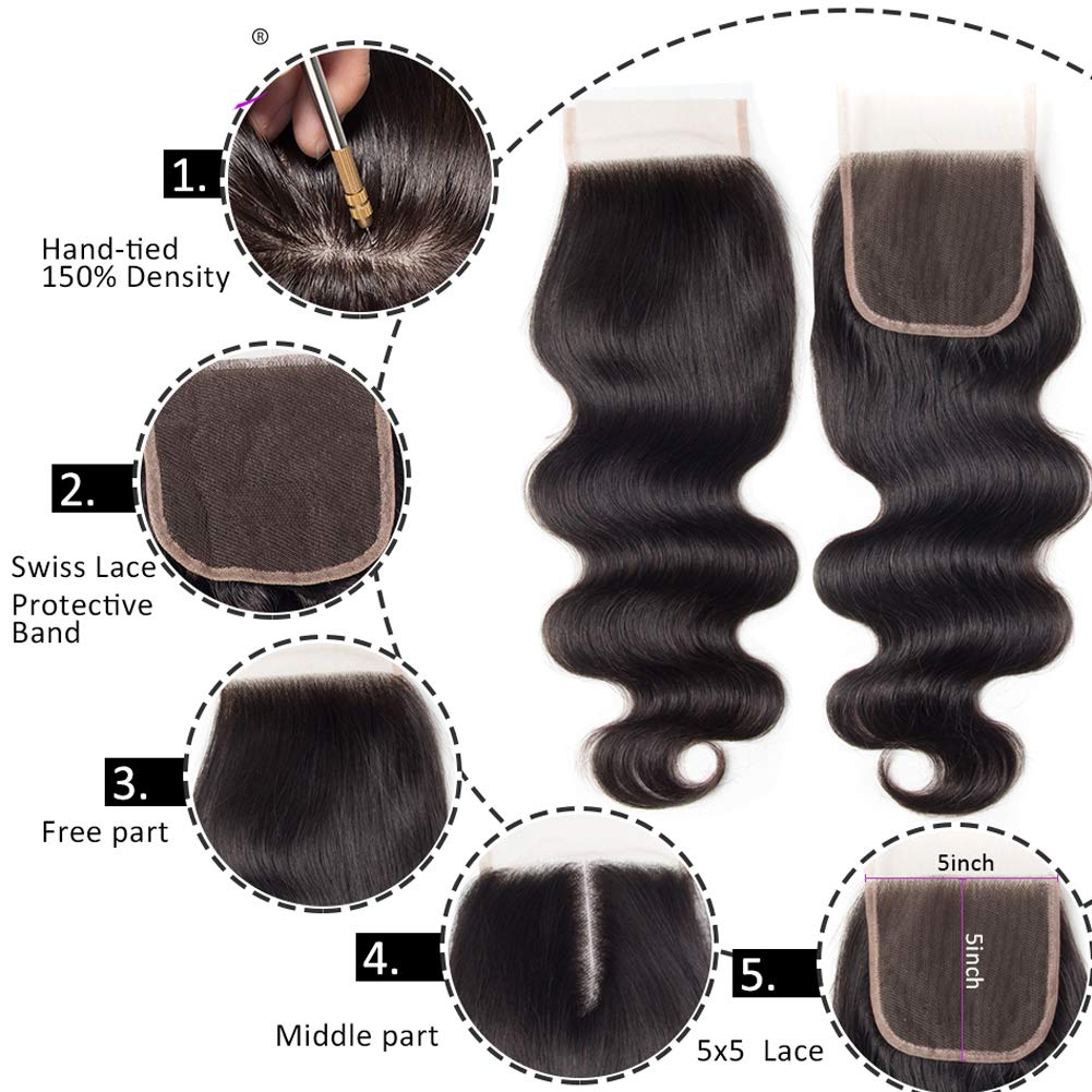 Brazilian Body Wave 5X5 Closure100% Human Deep Part Transparent Lace Closure Remy With Baby Hair Natural Color