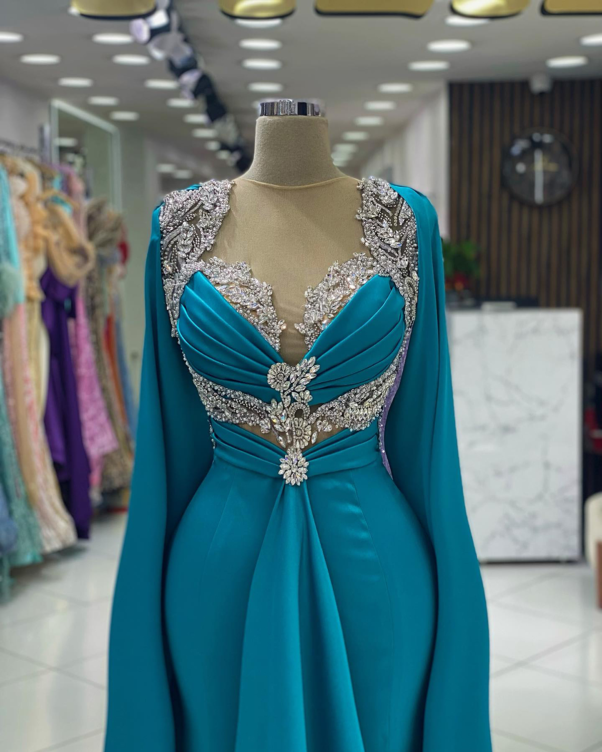 Blue Mermaid Evening Dresses Crystal Beads O Neck Red Carpet Dress Long Sleeves Formal Prom Gowns Elegant vestido de novia