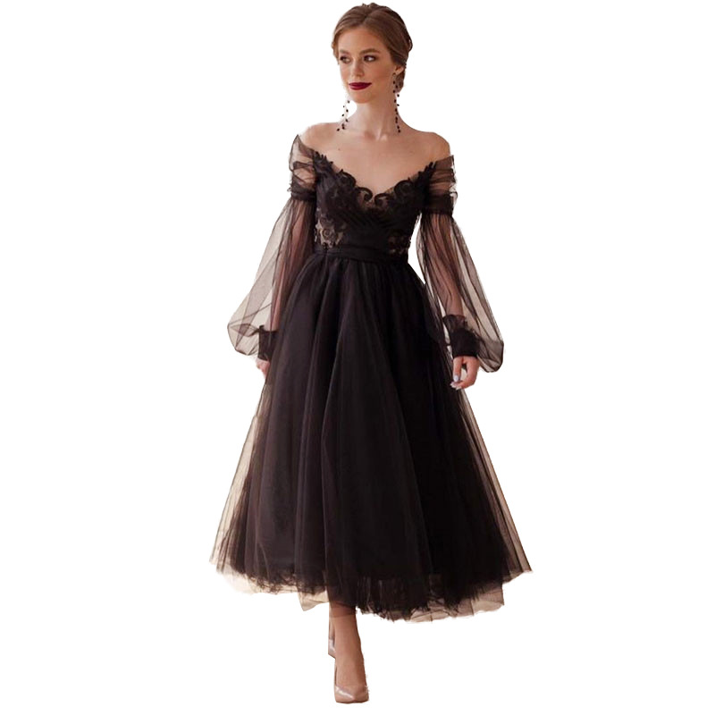 2024 Modern A-line Black Evening Dress Off the Shoulder Lace Appliques Puffy Sleeves Tulle Formal Prom Party Gowns Tea Length Robe De Soriee