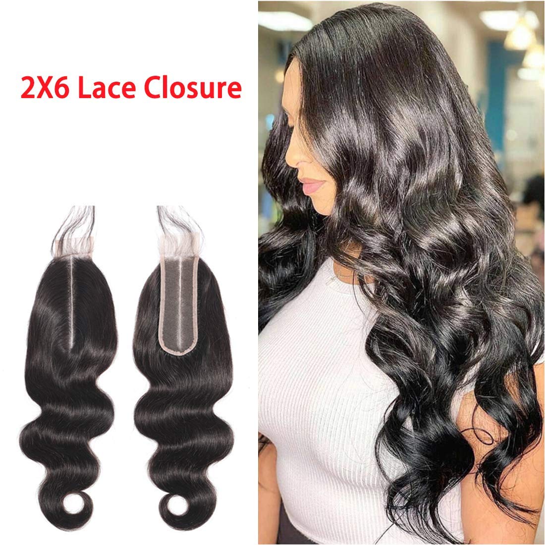Brazilian 2x6 Lace Closure Body Wave 100% Human Hair Deep Middle Part Straight Transparent Lace Closure Remy Hair Kim K Closure with Baby Hair Natural