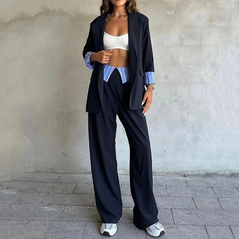 Women's Two Piece Pants Waytobele Women Blazer Suit Autumn Simple Office Casual Solid Long Sleeve Lapel Top Loose Sets Streetwear 231211